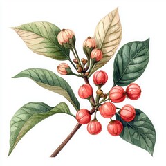 Delicate botanical illustration of red berries on green leaves