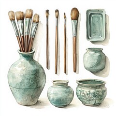 Elegant Green Vases and Artist Brushes Arrangement for Painting