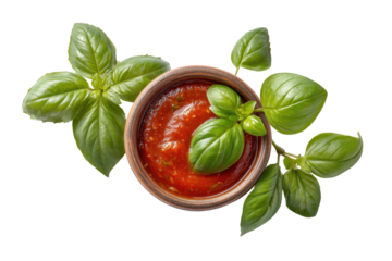 PNG Fresh basil leaves with rich tomato salsa in a rustic bowl