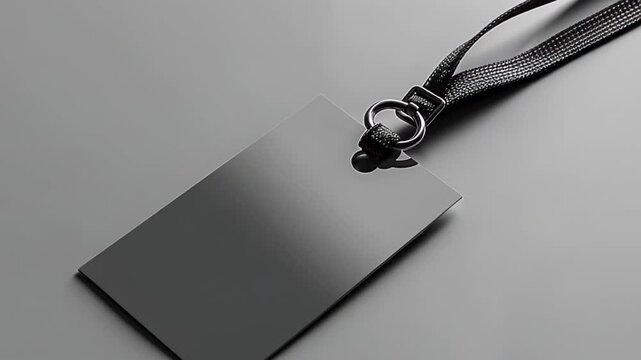 Blank black badge with a lanyard on gray background