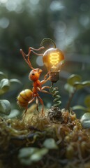 A close-up of an ant holding a miniature glowing light bulb in a lush, green environment.