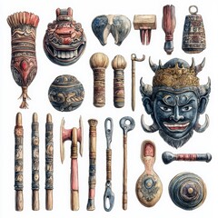 Diverse Collection of Vintage Cultural Artifacts and Tools