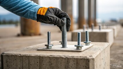 A worker in gloves is placing a metal bolt on a concrete base, showcasing construction and assembly in an industrial setting.