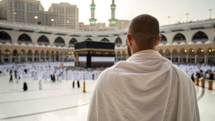 Muslim pilgrim in Ihram clothing standing in front of the Kaaba at Masjid al-Haram, Mecca