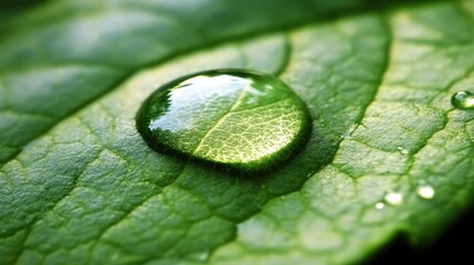 Nature gem dewdrop embrace on verdant leaf with delicate light reflection for organic beauty detailed macro texture natural freshness and botanical photography concept.