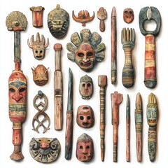 Intricate Collection of Handcrafted Wooden Masks and Tools