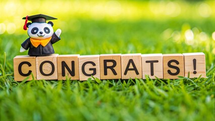 Adorable Panda Graduate Congratulates Success Wooden Blocks Green Grass Background