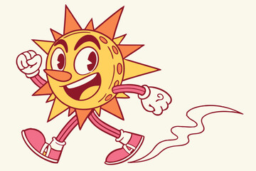 Retro Cartoon Sun Character Walking, Smiling Face, Arms Up, Running, Isolated on Cream