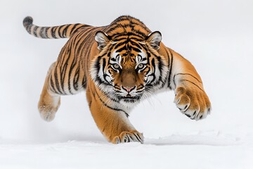 Naklejka premium A tiger leaps forward powerfully in the snow with its eyes focused and tail curved upwards slightly