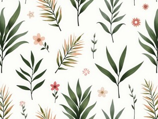 A seamless pattern of lush botanical elements, featuring delicate leaves, exotic plants, and soft floral accents in a harmonious composition