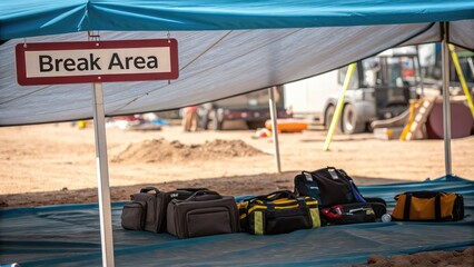 A shaded break area with bags underneath a tent sign, indicating a place for rest and relaxation on a work site.