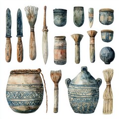 Vintage Handcrafted Tools and Artifacts in Watercolor Style