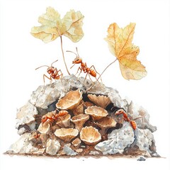 Ants on a Mushroom Hill with Autumn Leaves and Natural Elements