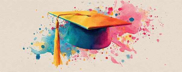 A vibrant watercolor illustration of a graduation cap, symbolizing achievement and academic success with colorful splashes. High quality