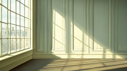 Obraz premium A sunlit, pale green interior room with a city view.