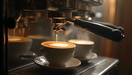 Close up of a cup being filled with fresh espresso from a professional espresso machine in a cafe.