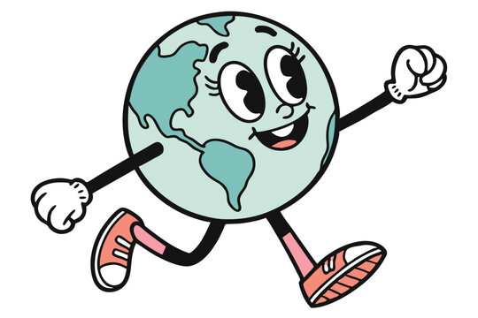 Globe Trotter Cartoon Earth Character Running with Smiling Face and Shoes, Bold Style
