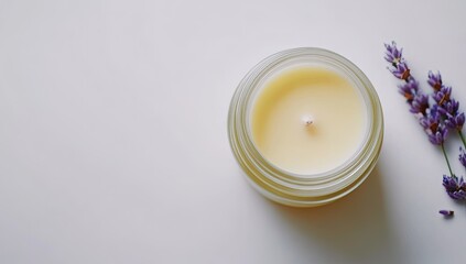 Lavender candle with white background.
