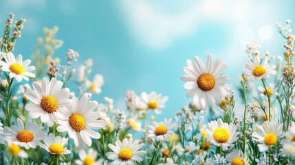 Fototapeta premium Daisies in a field, bathed in sunlight.