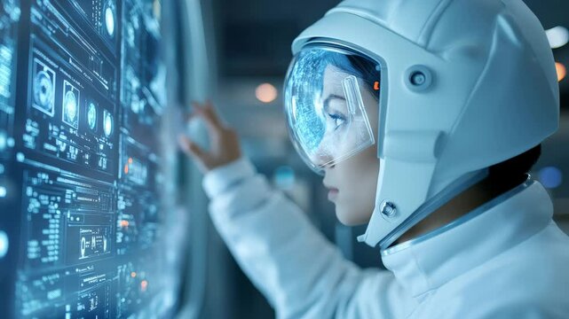 A woman wearing a white astronaut helmet and white suit, interacting with a digital display.