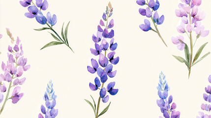 Fototapeta premium Minimalist watercolor lupines in soft hues create serene and elegant floral pattern, perfect for various designs