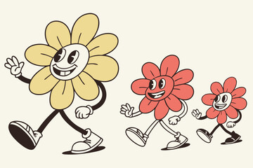 Cartoon Flowers Walking in a Row, Yellow & Red Petals, Animated Style, Retro Look