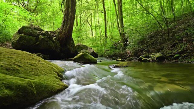 Green forest stream flowing over rocks and mossy boulders, nature scenery with trees and peaceful water cascading downstream in summer.