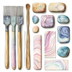 Artisanal Tools and Colorful Stones for Creative Craft Projects