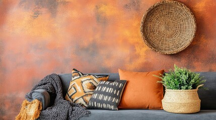 Cozy living room with textured orange wall, patterned cushions, and woven basket