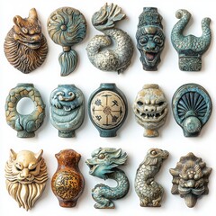 Decorative Asian Art Figures with Mythical Creatures and Symbols
