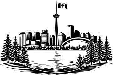 Beautiful artistic view of Toronto skyline with maple flag serene lake and lush pine trees for use in Canadian tourism web content and urban landscape design