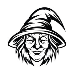 Witch Black and White, Old Female in Pointed Hat, Halloween Character, Spooky, Mascot