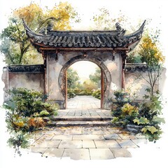 Serene Entrance to Asian Garden with Traditional Architecture and Nature