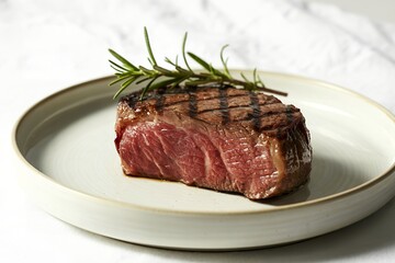 A photograph of a perfectly grilled, thick-cut beef steak