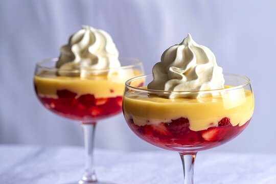 A photograph of two elegant, stemmed glasses showcasing a layered dessert creation