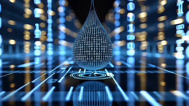 Futuristic digital water droplet hovering over glowing circuit board with binary code and blue light in abstract high-tech environment

 - Powered by Adobe