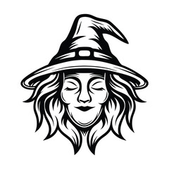 face of a witch with closed eyes and a traditional hat, black and white art