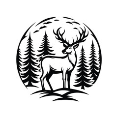 Stylized Deer Silhouette with Antlers & Pine Trees in a Forest, Circular Framed