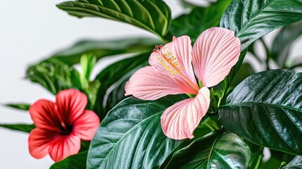 Vibrant pink and red hibiscus blossoms amidst lush green foliage.