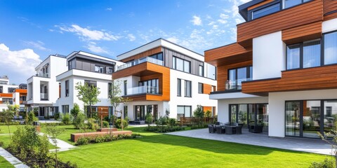 Luxury Modern Townhouses:  A picture of upscale suburban living in a sunny setting.  Stylish architecture and landscaping create a desirable community.
