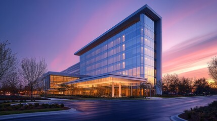 Obraz premium Hospital building with modern design and soft internal lighting, standing tall under the vivid gradient hues of twilight