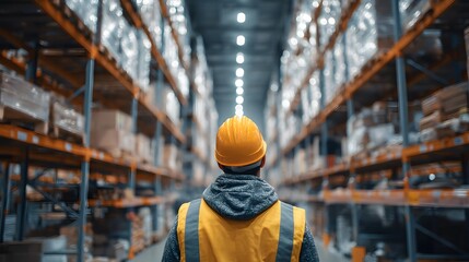 Fototapeta premium Confident warehouse worker standing in industrial aisle with blurred background of organized storage shelves under soft overhead lighting, showcasing modern logistics and supply chain environment