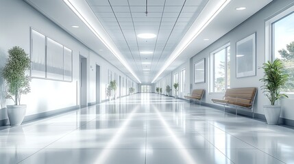 Obraz premium Hospital passage with polished surfaces, repeating ceiling tiles, and a sense of cleanliness and order