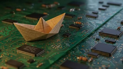 Paper boat on circuit board. - Powered by Adobe