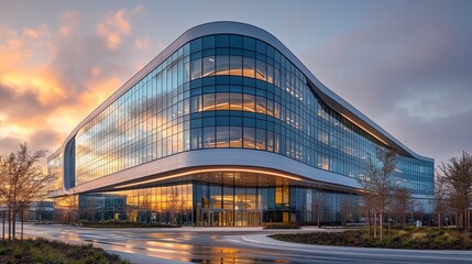 Fototapeta premium Innovative hospital architecture gleaming under an expansive twilight sky, representing modern medicine and peaceful care