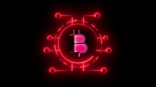 Bit coin icon animated on black background. Neon bitcoin Icon Technology data   Digital Data Network Protection internet. Cyber security network security digital bitcoin animated glowing concept.