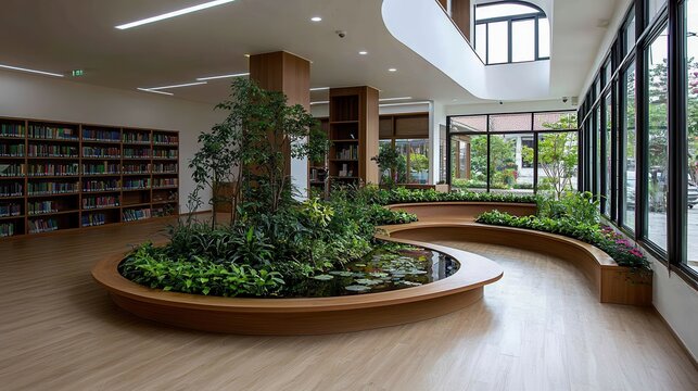 Modern Library Space with Floating Holograms and Safety Tips Display