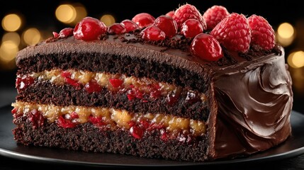 Delicious raspberry chocolate cake slice with rich layers and creamy frosting.