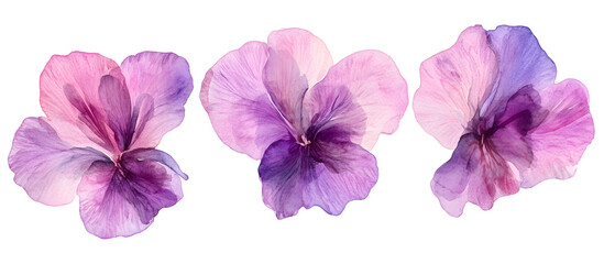 Purple violet flowers watercolor illustration isolated on transparent background, delicate botanical art, natural floral design, spring garden bloom, decorative bouquet element