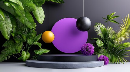 this is an image of a purple and yellow object in front of some plants